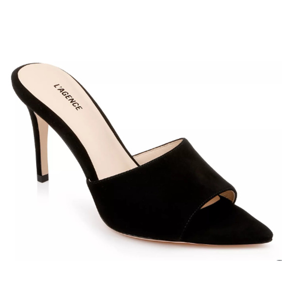 L'AGENCE Shoes - L'Agence Lolita Suede Pointed Open-Toe Stilettos Heel Mule Black Women's EU 38